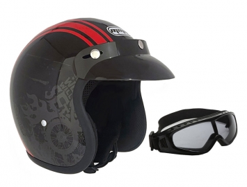 ModCycles - Open Face MMG Helmet. Model Jet Visor. Color: Shiny Black/Red.*DOT APPROVED* *FREE GOGGLES INCLUDED*